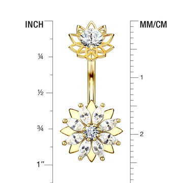 Detail View 1 of Golden Marquise Sparkle Flower Internally Threaded Belly Button Ring-Clear Gem
